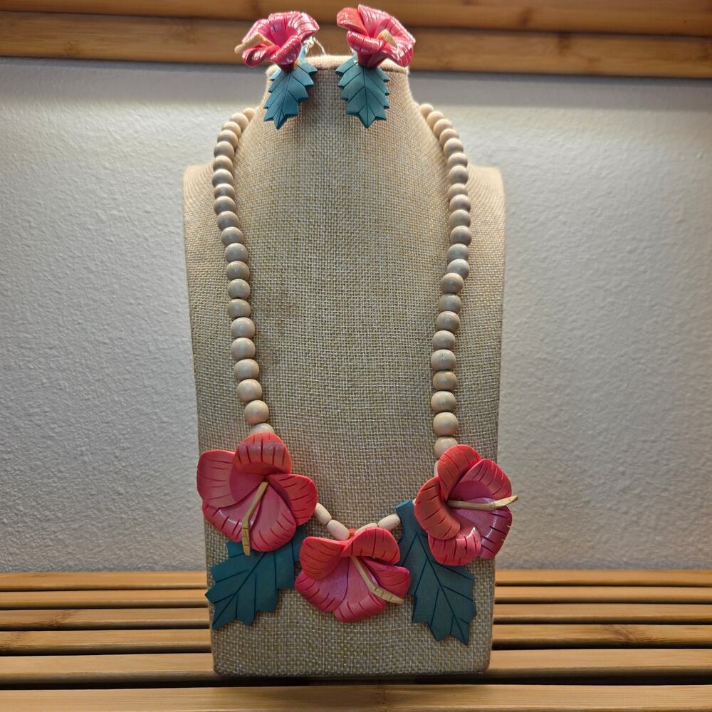 VTG 70s Hawaiian Balsa Wood Painted Hibiscus Necklace Earring Set 4pc Tiki